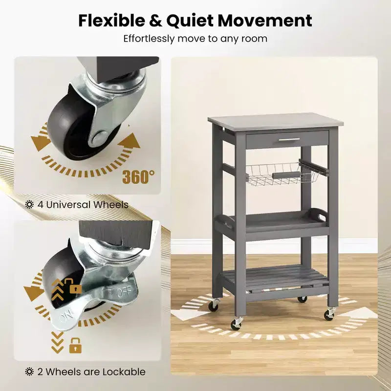 Costway Compact Kitchen Island Cart Rolling Service Trolley with Stainless Steel Top Basket Black/Grey/White