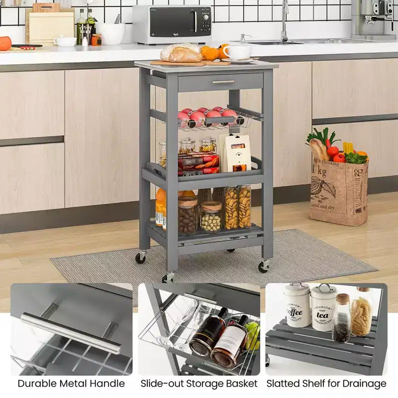Costway Compact Kitchen Island Cart Rolling Service Trolley with Stainless Steel Top Basket Black/Grey/White