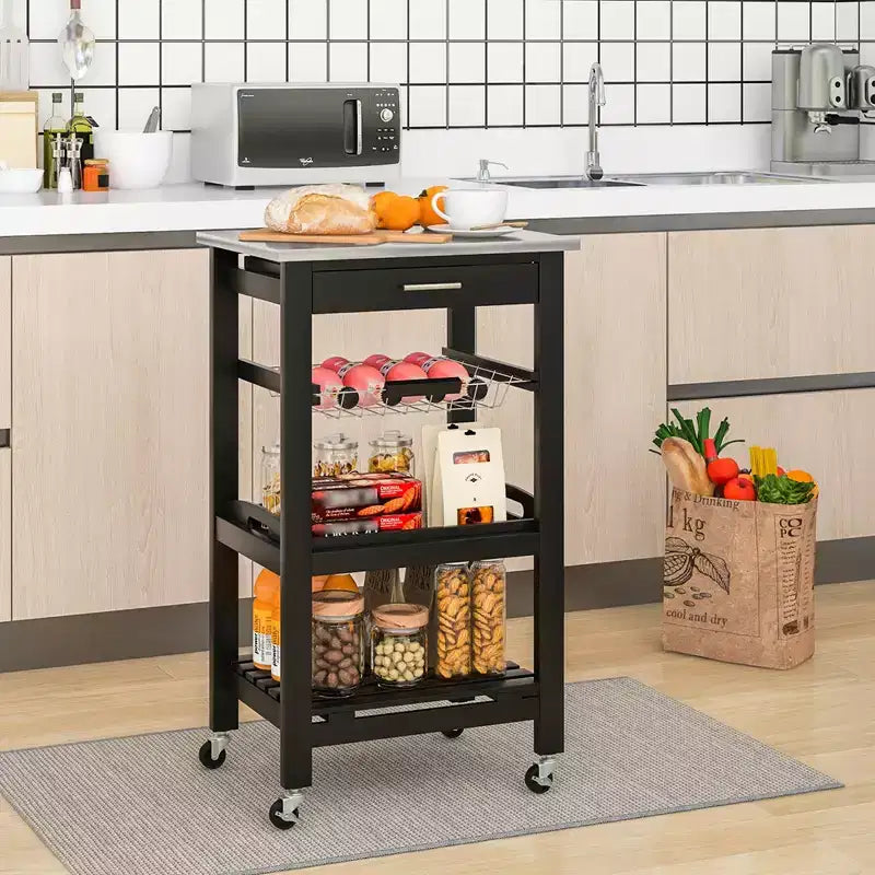 Costway Compact Kitchen Island Cart Rolling Service Trolley with Stainless Steel Top Basket Black/Grey/White