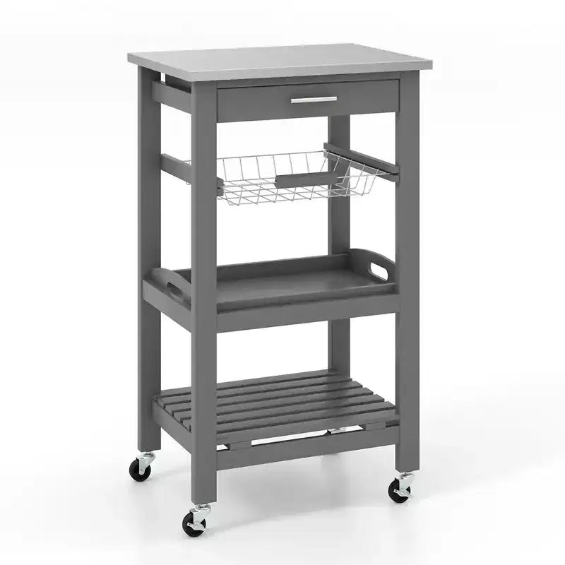 Costway Compact Kitchen Island Cart Rolling Service Trolley with Stainless Steel Top Basket Black/Grey/White