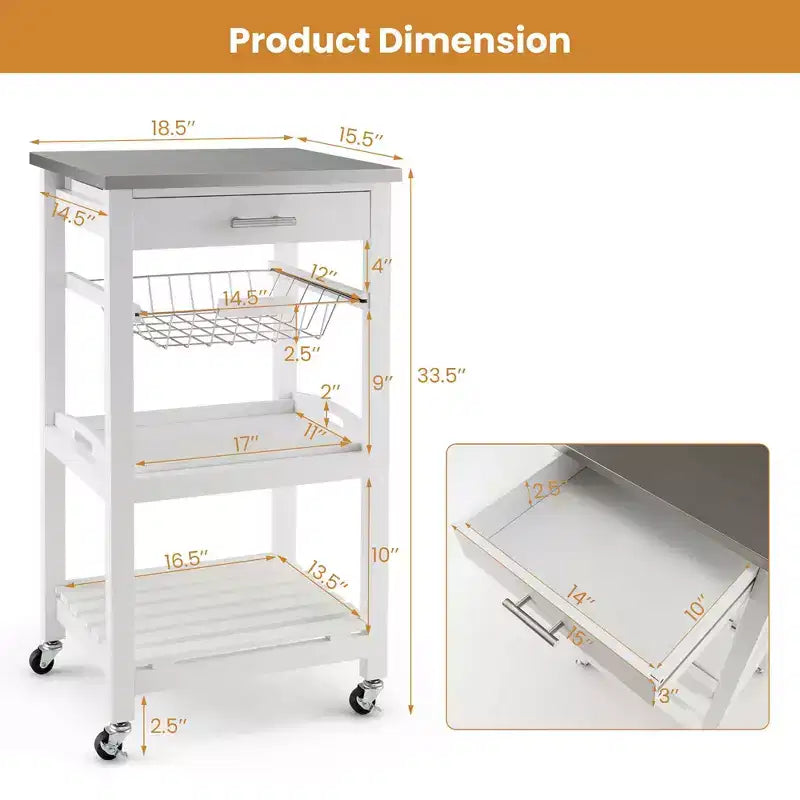 Costway Compact Kitchen Island Cart Rolling Service Trolley with Stainless Steel Top Basket Black/Grey/White