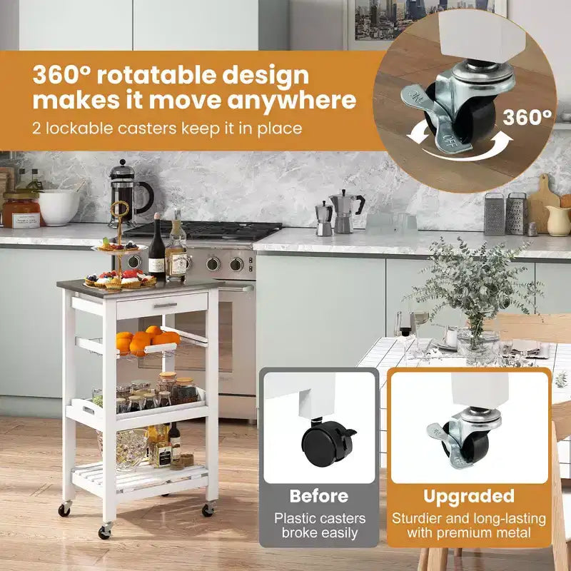 Costway Compact Kitchen Island Cart Rolling Service Trolley with Stainless Steel Top Basket Black/Grey/White