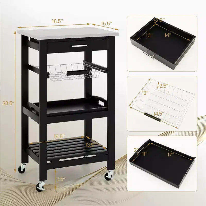 Costway Compact Kitchen Island Cart Rolling Service Trolley with Stainless Steel Top Basket Black/Grey/White