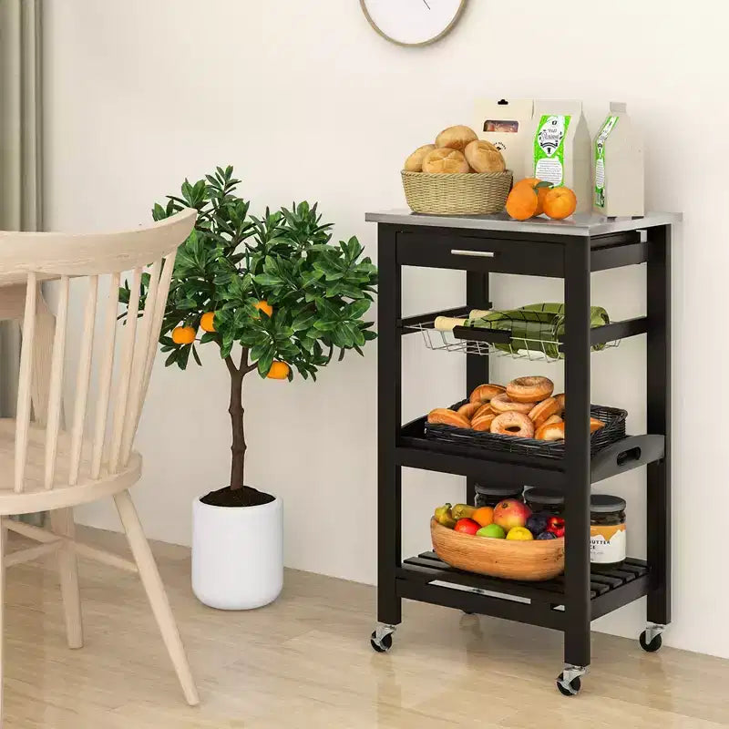 Costway Compact Kitchen Island Cart Rolling Service Trolley with Stainless Steel Top Basket Black/Grey/White