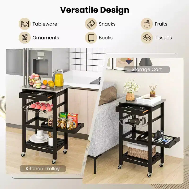 Costway Compact Kitchen Island Cart Rolling Service Trolley with Stainless Steel Top Basket Black/Grey/White
