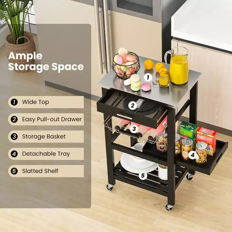 Costway Compact Kitchen Island Cart Rolling Service Trolley with Stainless Steel Top Basket Black/Grey/White