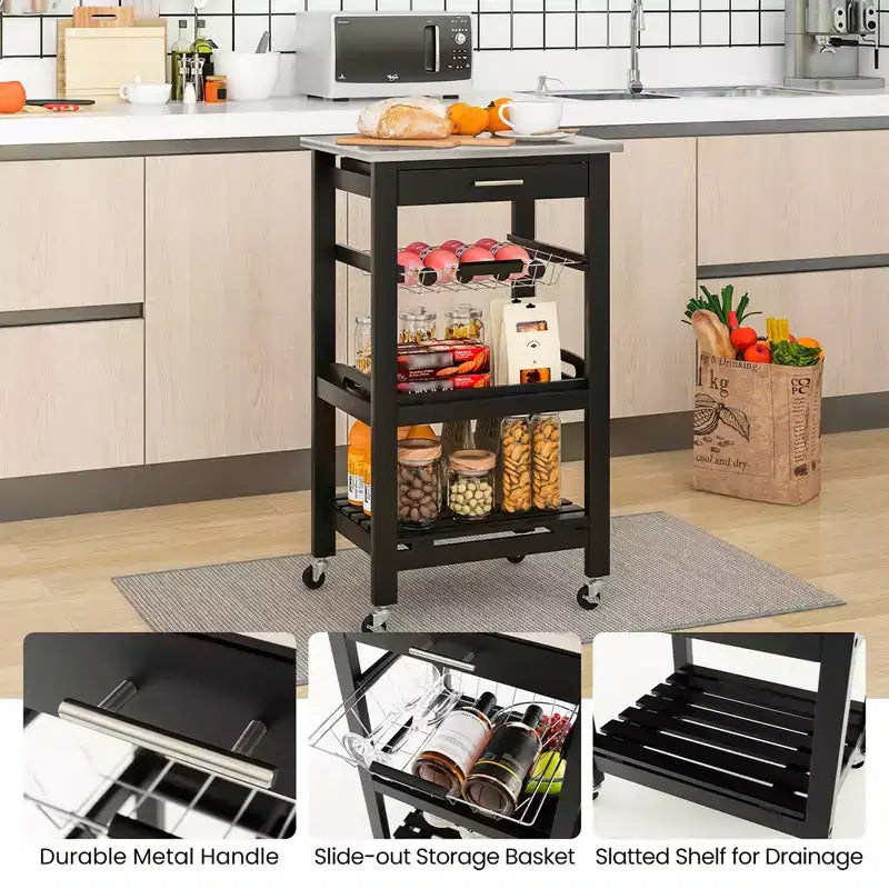 Costway Compact Kitchen Island Cart Rolling Service Trolley with Stainless Steel Top Basket Black/Grey/White