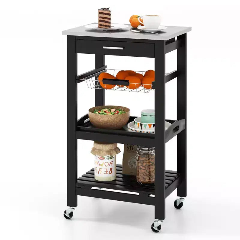 Costway Compact Kitchen Island Cart Rolling Service Trolley with Stainless Steel Top Basket Black/Grey/White