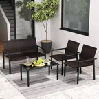 Costway Ensemble de Meubles de Jardin Extérieur 4 Pièces en Rotin avec Cadre en Métal Galvanisé Robuste Marron Mélangé/Noir