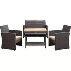 Balkene Home Ashville Conversation Wicker Outdoor Patio Set - Sofa, Table & Two Armchairs Included Khaki Cushions & Tempered Glass Top Easy Assembly