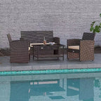 Balkene Home Ashville Conversation Wicker Outdoor Patio Set - Sofa, Table & Two Armchairs Included Khaki Cushions & Tempered Glass Top Easy Assembly