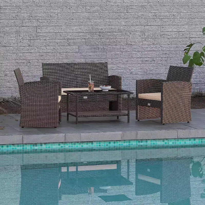 Balkene Home Ashville Conversation Wicker Outdoor Patio Set - Sofa, Table & Two Armchairs Included Khaki Cushions & Tempered Glass Top Easy Assembly