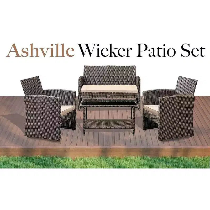 Balkene Home Ashville Conversation Wicker Outdoor Patio Set - Sofa, Table & Two Armchairs Included Khaki Cushions & Tempered Glass Top Easy Assembly