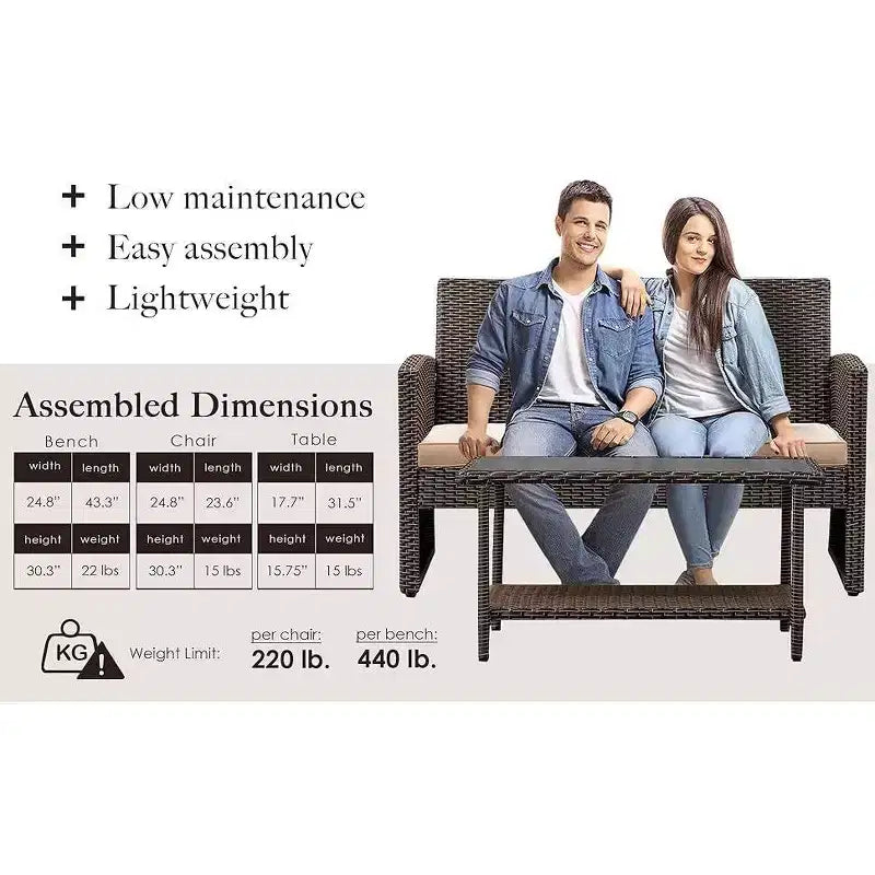 Balkene Home Ashville Conversation Wicker Outdoor Patio Set - Sofa, Table & Two Armchairs Included Khaki Cushions & Tempered Glass Top Easy Assembly