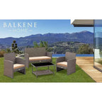 Balkene Home Ashville Conversation Wicker Outdoor Patio Set - Sofa, Table & Two Armchairs Included Khaki Cushions & Tempered Glass Top Easy Assembly