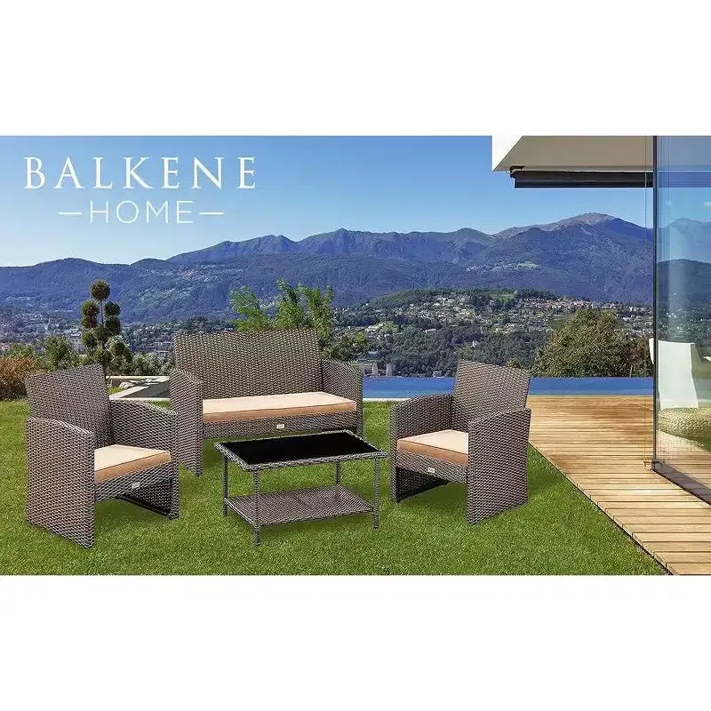 Balkene Home Ashville Conversation Wicker Outdoor Patio Set - Sofa, Table & Two Armchairs Included Khaki Cushions & Tempered Glass Top Easy Assembly