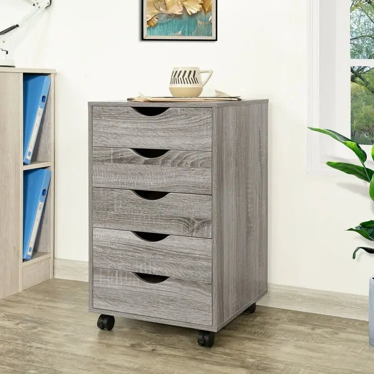 5 Drawers Chest, Wood Storage Dresser with Wheels, Craft Storage Organizer and Storage Drawer Office Drawer Unit