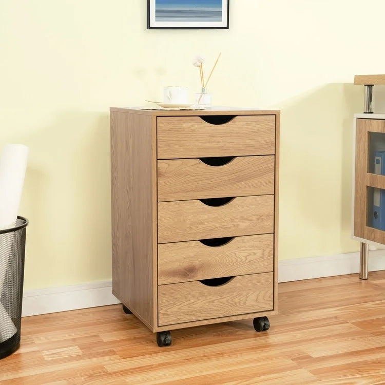 5 Drawers Chest, Wood Storage Dresser with Wheels, Craft Storage Organizer and Storage Drawer Office Drawer Unit