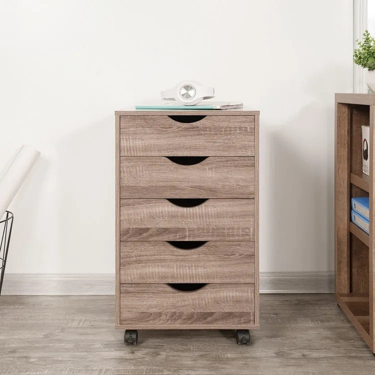 5 Drawers Chest, Wood Storage Dresser with Wheels, Craft Storage Organizer and Storage Drawer Office Drawer Unit