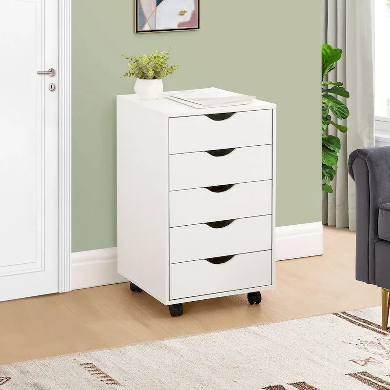 5 Drawers Chest, Wood Storage Dresser with Wheels, Craft Storage Organizer and Storage Drawer Office Drawer Unit
