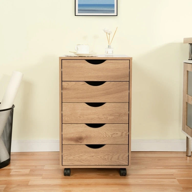 5 Drawers Chest, Wood Storage Dresser with Wheels, Craft Storage Organizer and Storage Drawer Office Drawer Unit