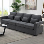 104 4-Seater Modern Linen Fabric Sofa with Armrest Pockets and 4 Pillows