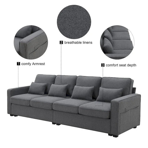 104 4-Seater Modern Linen Fabric Sofa with Armrest Pockets and 4 Pillows