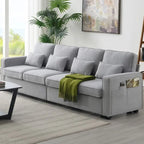 104 4-Seater Modern Linen Fabric Sofa with Armrest Pockets and 4 Pillows