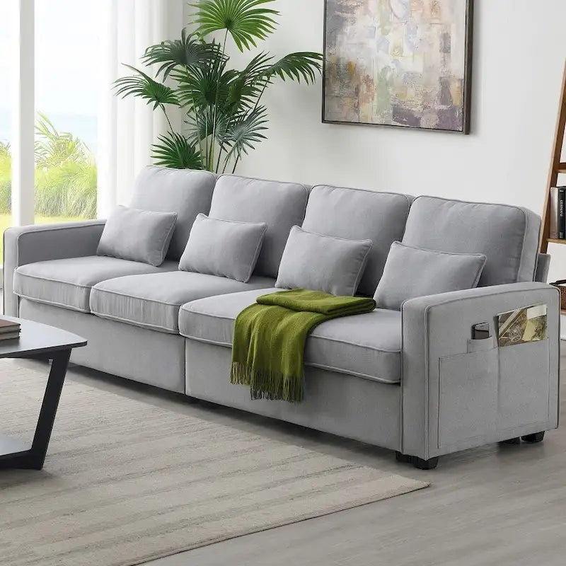 104 4-Seater Modern Linen Fabric Sofa with Armrest Pockets and 4 Pillows