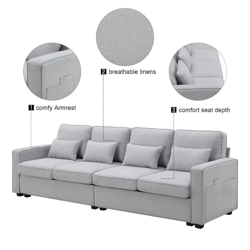 104 4-Seater Modern Linen Fabric Sofa with Armrest Pockets and 4 Pillows