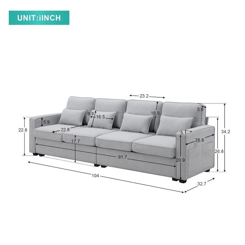104 4-Seater Modern Linen Fabric Sofa with Armrest Pockets and 4 Pillows