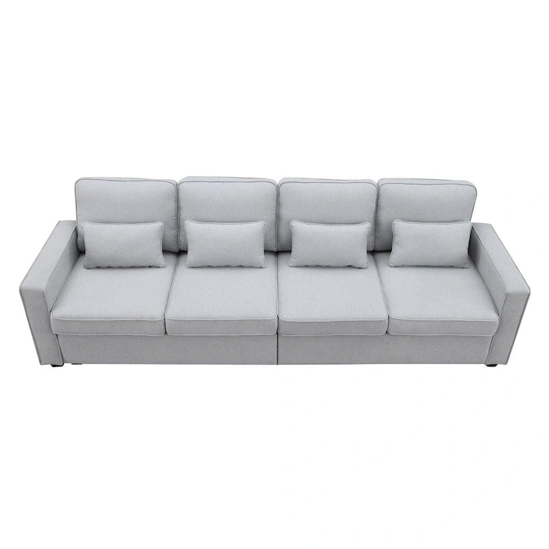 104 4-Seater Modern Linen Fabric Sofa with Armrest Pockets and 4 Pillows