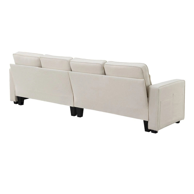 104 4-Seater Modern Linen Fabric Sofa with Armrest Pockets and 4 Pillows