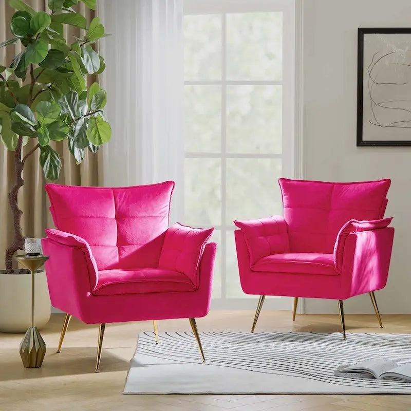 1ida Modern Velvet Tufted Accent Armchair with Gold Metal Legs Set of 2 by HULALA HOME