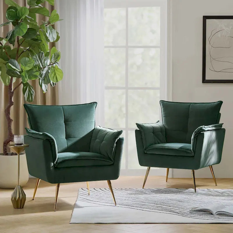 1ida Modern Velvet Tufted Accent Armchair with Gold Metal Legs Set of 2 by HULALA HOME