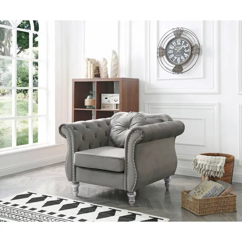 Hollywood Chesterfield Tufted Velvet Accent Chair with Round Throw Pillow - 39L x 35W x 34H