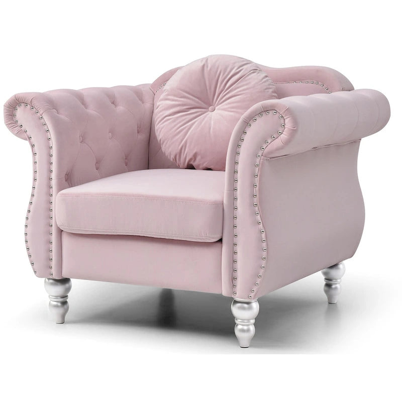 Hollywood Chesterfield Tufted Velvet Accent Chair with Round Throw Pillow - 39L x 35W x 34H