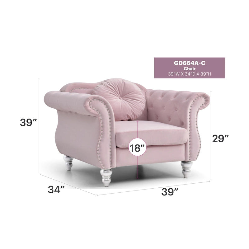 Hollywood Chesterfield Tufted Velvet Accent Chair with Round Throw Pillow - 39L x 35W x 34H