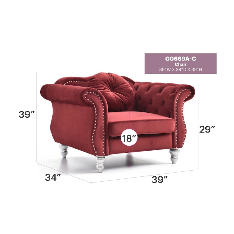 Hollywood Chesterfield Tufted Velvet Accent Chair with Round Throw Pillow - 39L x 35W x 34H