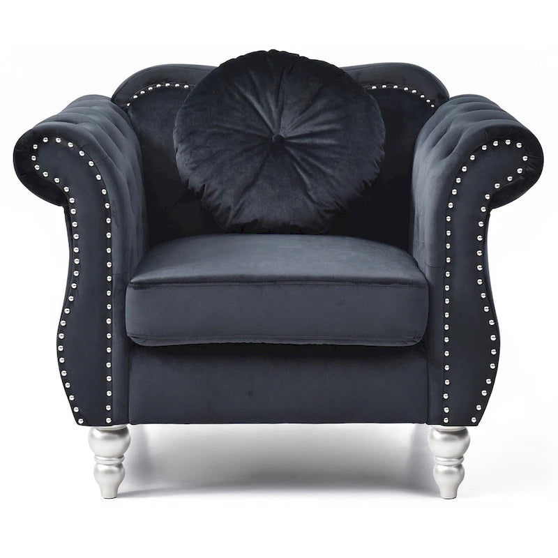 Hollywood Chesterfield Tufted Velvet Accent Chair with Round Throw Pillow - 39L x 35W x 34H