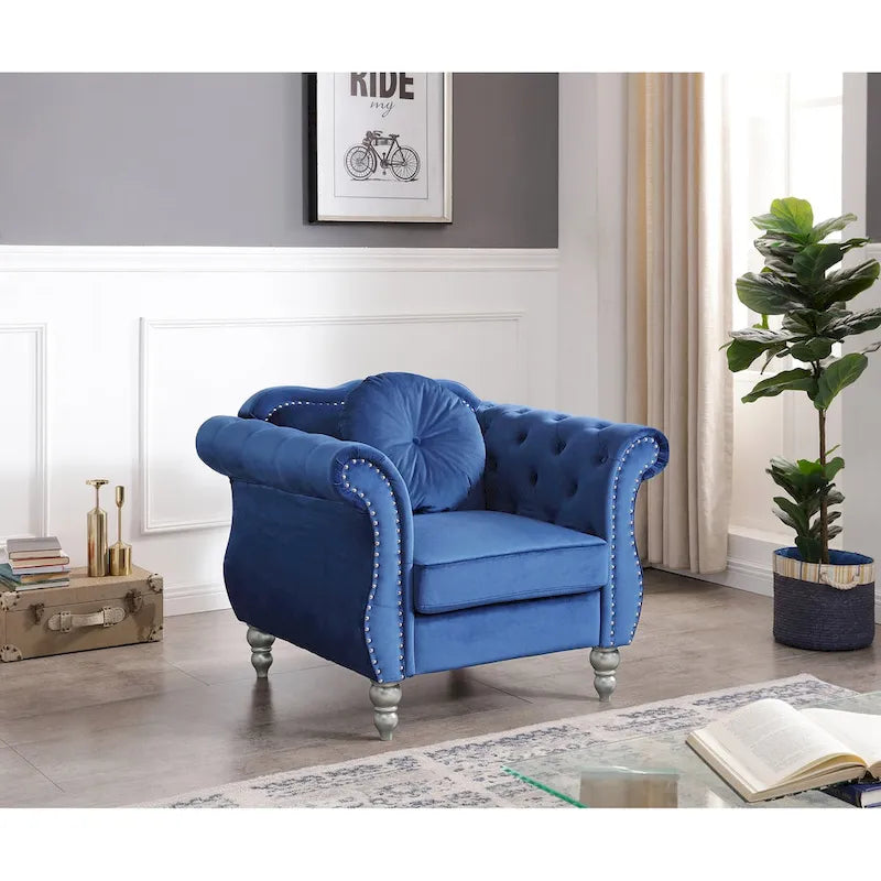 Hollywood Chesterfield Tufted Velvet Accent Chair with Round Throw Pillow - 39L x 35W x 34H