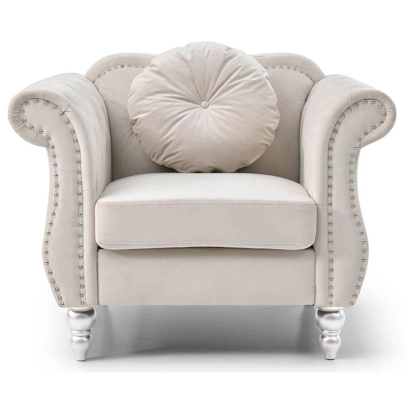 Hollywood Chesterfield Tufted Velvet Accent Chair with Round Throw Pillow - 39L x 35W x 34H