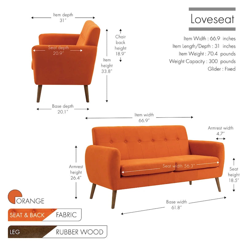 Porthos Home Rya Loveseat Small Sofa Couch, Fabric, Rubberwood
