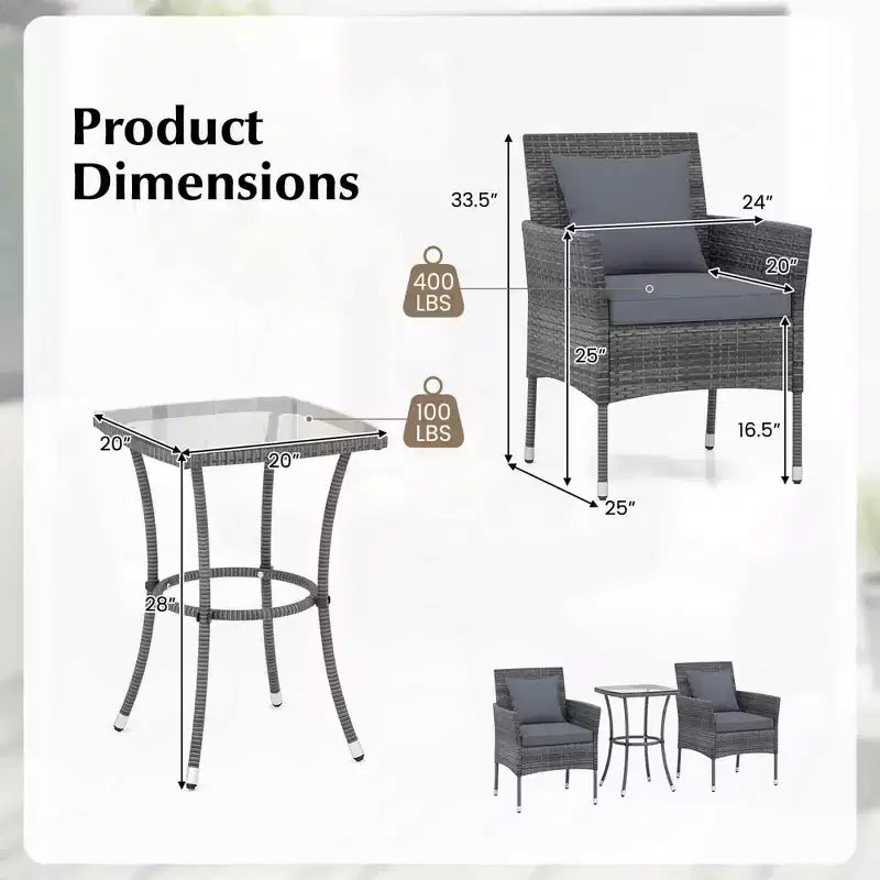 Costway 3 PCS Patio Furniture Set with Cushioned Patio Chairs & Tempered Glass Coffee Table Grey/Navy/White/Black
