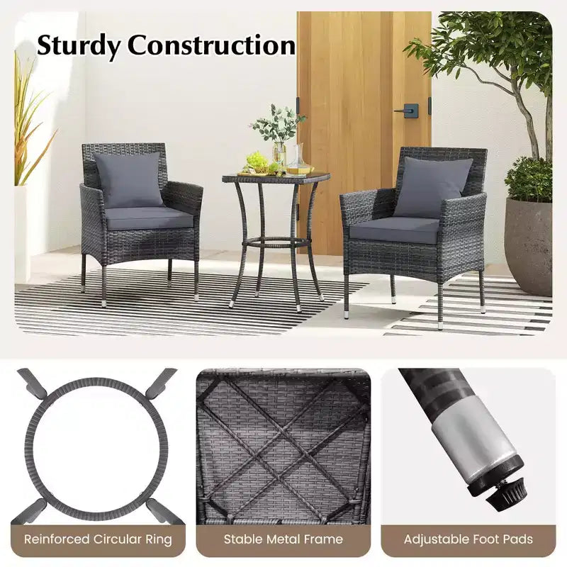 Costway 3 PCS Patio Furniture Set with Cushioned Patio Chairs & Tempered Glass Coffee Table Grey/Navy/White/Black