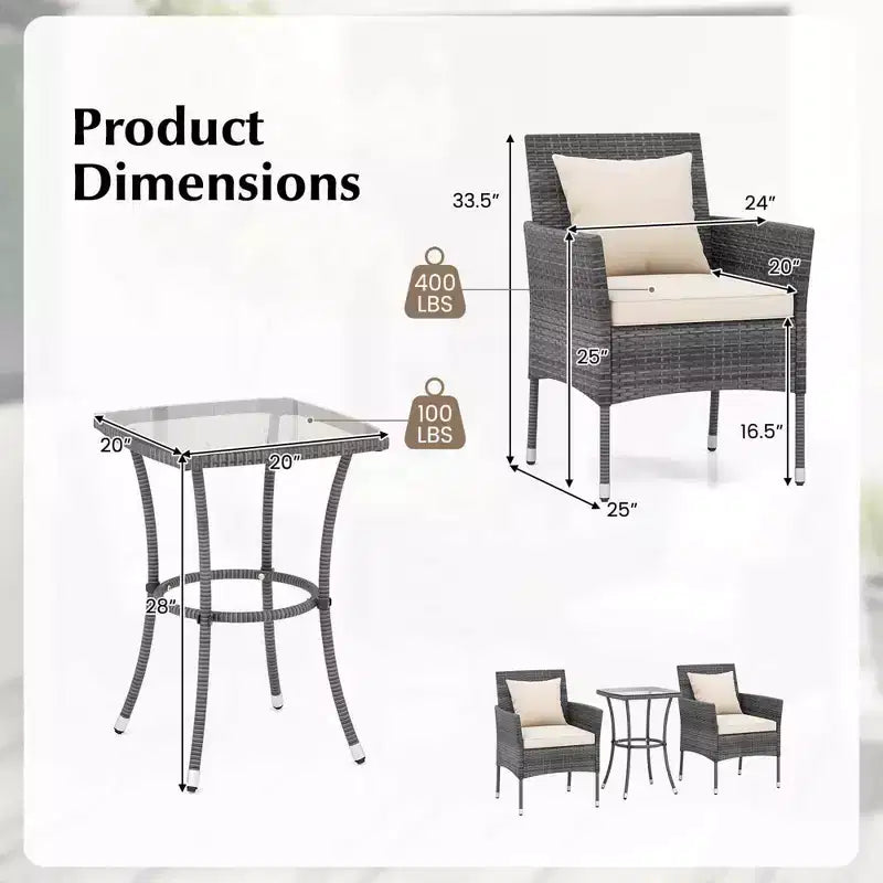 Costway 3 PCS Patio Furniture Set with Cushioned Patio Chairs & Tempered Glass Coffee Table Grey/Navy/White/Black