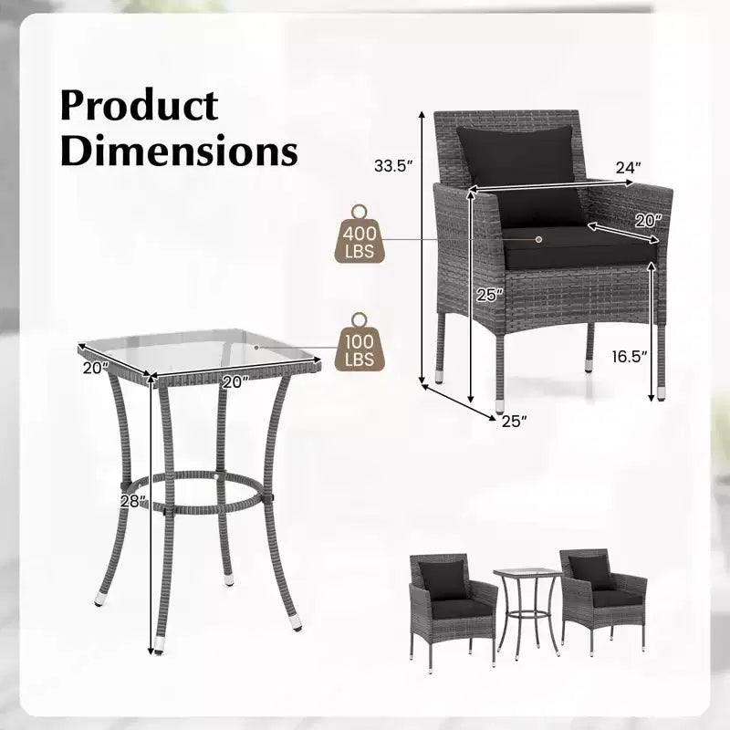 Costway 3 PCS Patio Furniture Set with Cushioned Patio Chairs & Tempered Glass Coffee Table Grey/Navy/White/Black