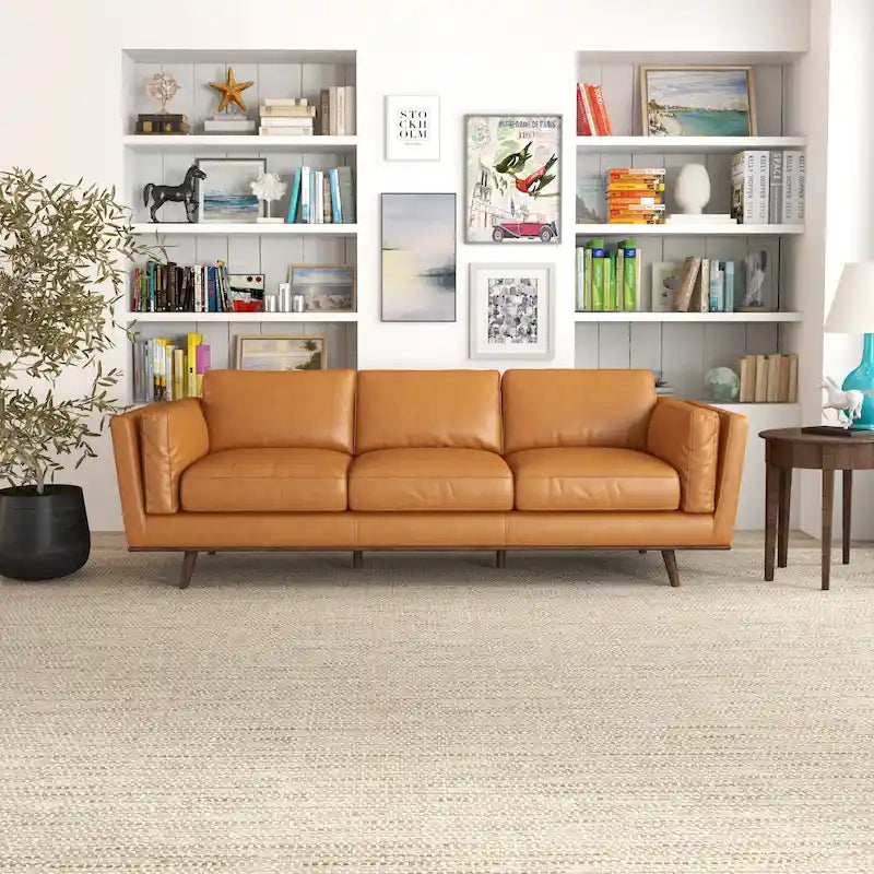 Canapé en cuir Florencia style Mid Century Modern pour salon, couleur fauve