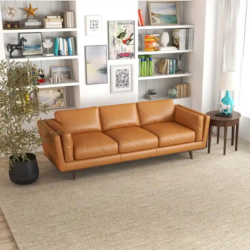 Canapé en cuir Florencia style Mid Century Modern pour salon, couleur fauve