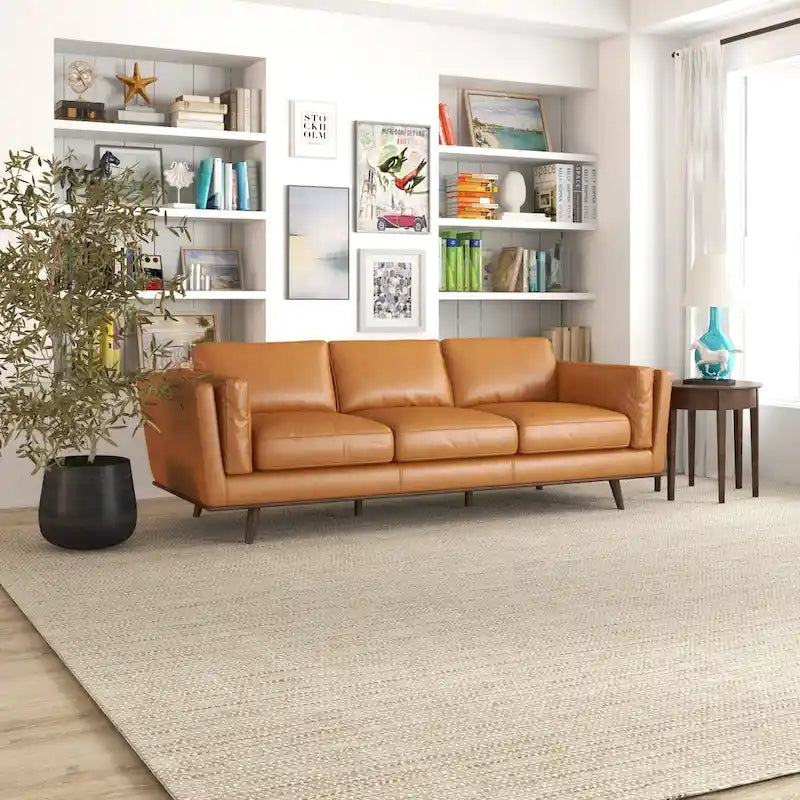 Canapé en cuir Florencia style Mid Century Modern pour salon, couleur fauve